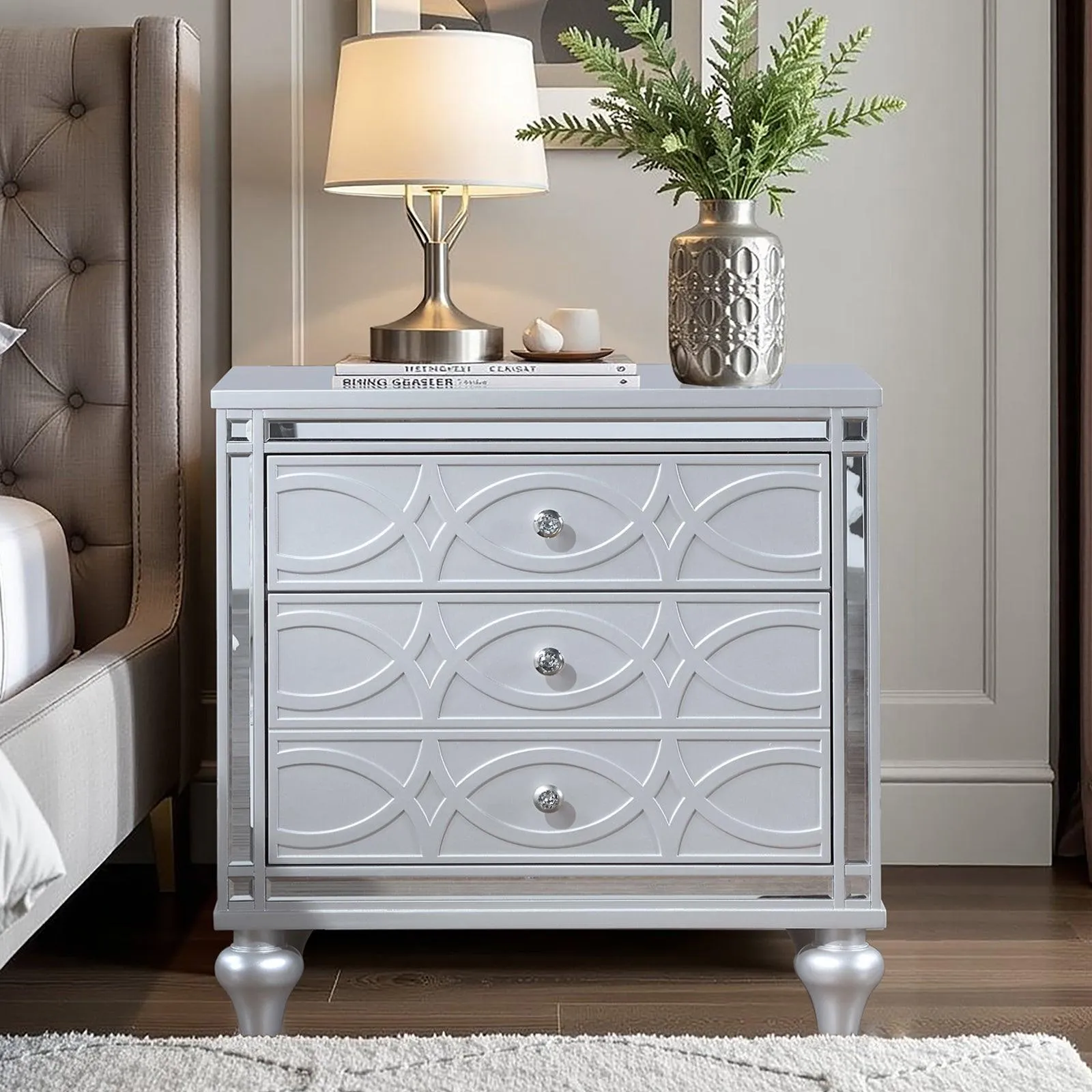 Contemporary Nightstands with mirror frame accents, Bedside Table with two drawers and one hidden drawer, End Table with Crystal Pull for Living Room,Bedroom, Silver