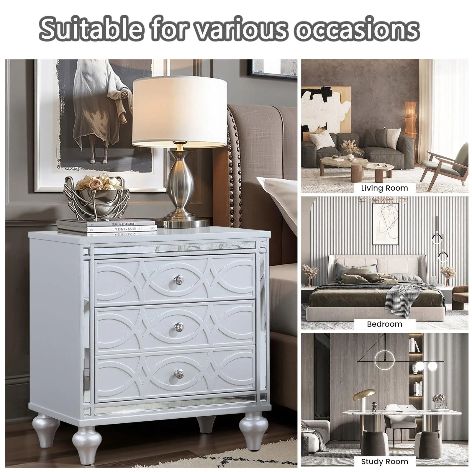 Contemporary Nightstands with mirror frame accents, Bedside Table with two drawers and one hidden drawer, End Table with Crystal Pull for Living Room,Bedroom, Silver