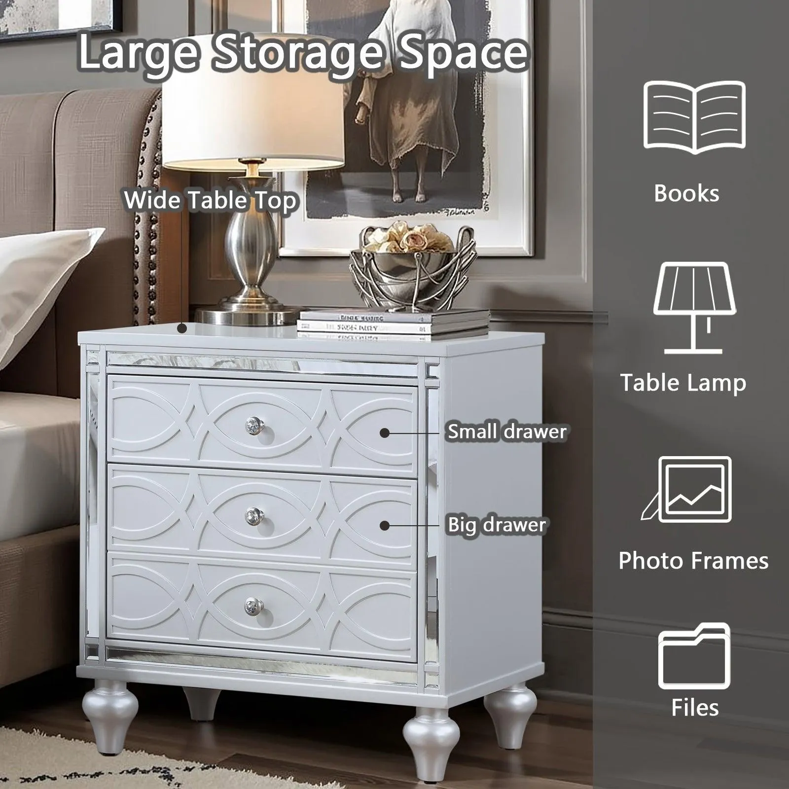Contemporary Nightstands with mirror frame accents, Bedside Table with two drawers and one hidden drawer, End Table with Crystal Pull for Living Room,Bedroom, Silver