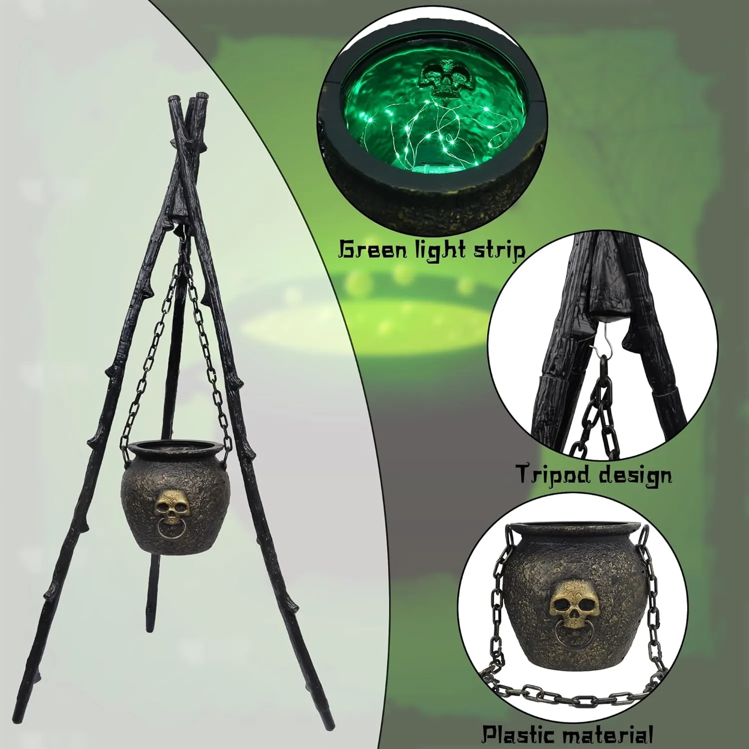 DR.DUDU 4.6ft Outdoor Halloween Decorations Cauldron on Tripod with Green LED Lights, Hocus Pocus Decor Plastic Witches Cauldron, Waterproof Candy Bowl for Halloween Party, Patio Yard Porch Decor