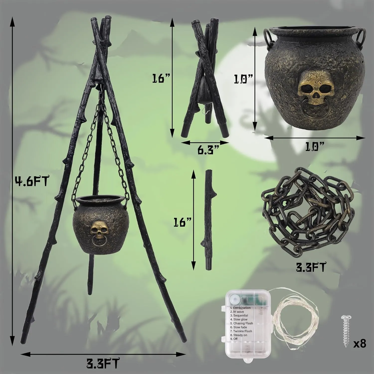 DR.DUDU 4.6ft Outdoor Halloween Decorations Cauldron on Tripod with Green LED Lights, Hocus Pocus Decor Plastic Witches Cauldron, Waterproof Candy Bowl for Halloween Party, Patio Yard Porch Decor