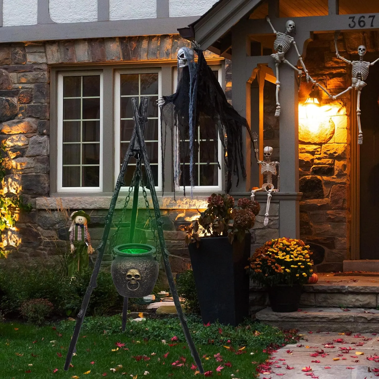 DR.DUDU 4.6ft Outdoor Halloween Decorations Cauldron on Tripod with Green LED Lights, Hocus Pocus Decor Plastic Witches Cauldron, Waterproof Candy Bowl for Halloween Party, Patio Yard Porch Decor