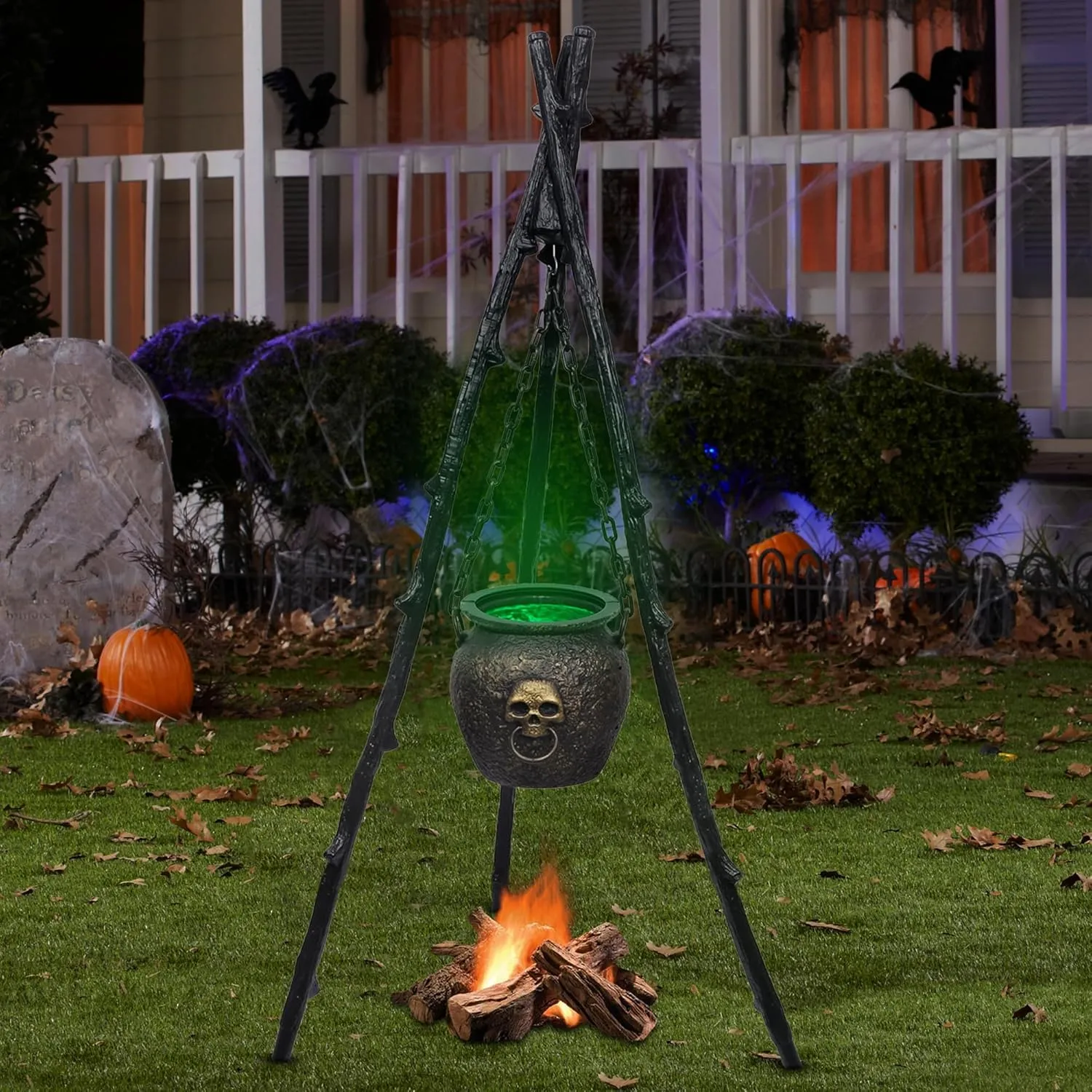 DR.DUDU 4.6ft Outdoor Halloween Decorations Cauldron on Tripod with Green LED Lights, Hocus Pocus Decor Plastic Witches Cauldron, Waterproof Candy Bowl for Halloween Party, Patio Yard Porch Decor
