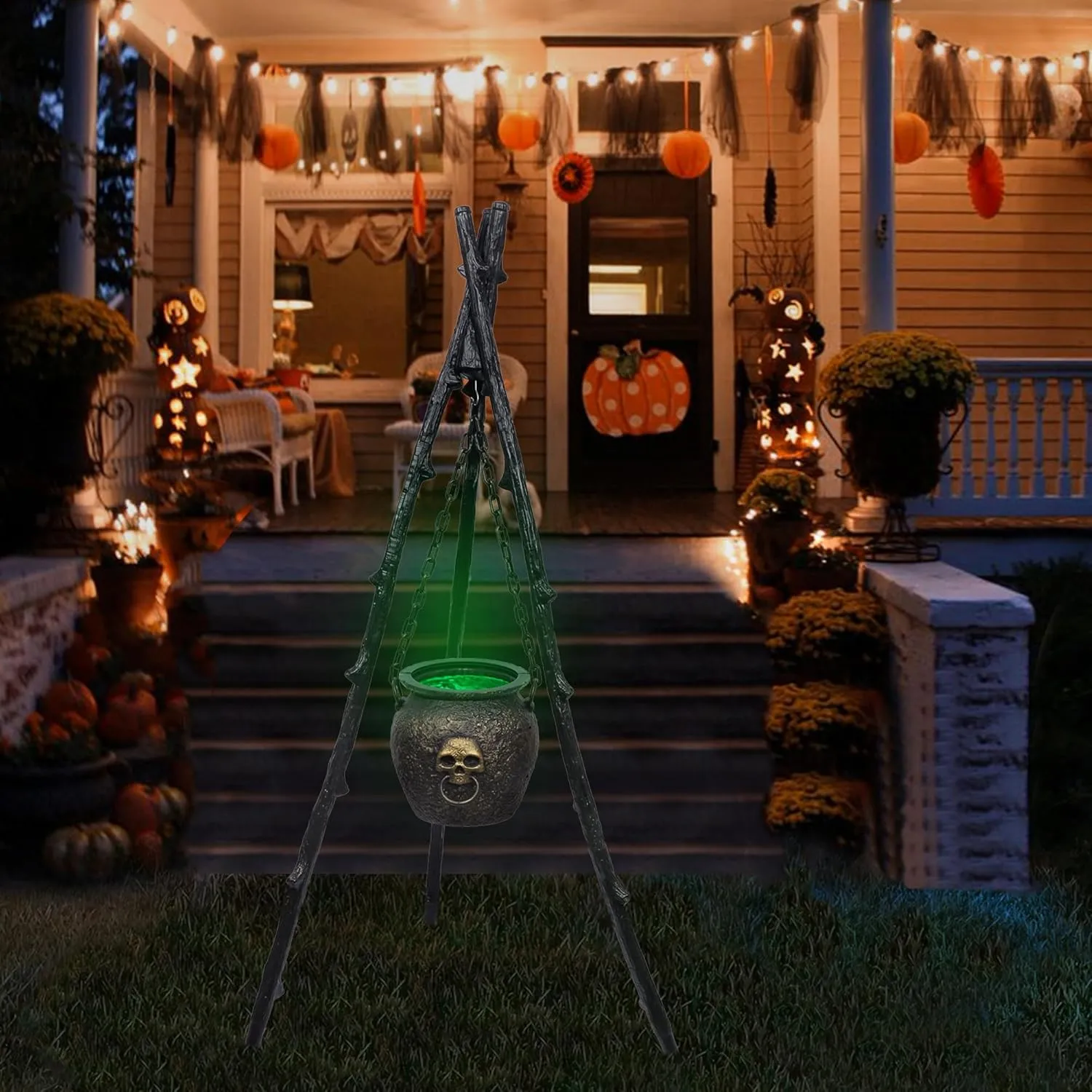 DR.DUDU 4.6ft Outdoor Halloween Decorations Cauldron on Tripod with Green LED Lights, Hocus Pocus Decor Plastic Witches Cauldron, Waterproof Candy Bowl for Halloween Party, Patio Yard Porch Decor