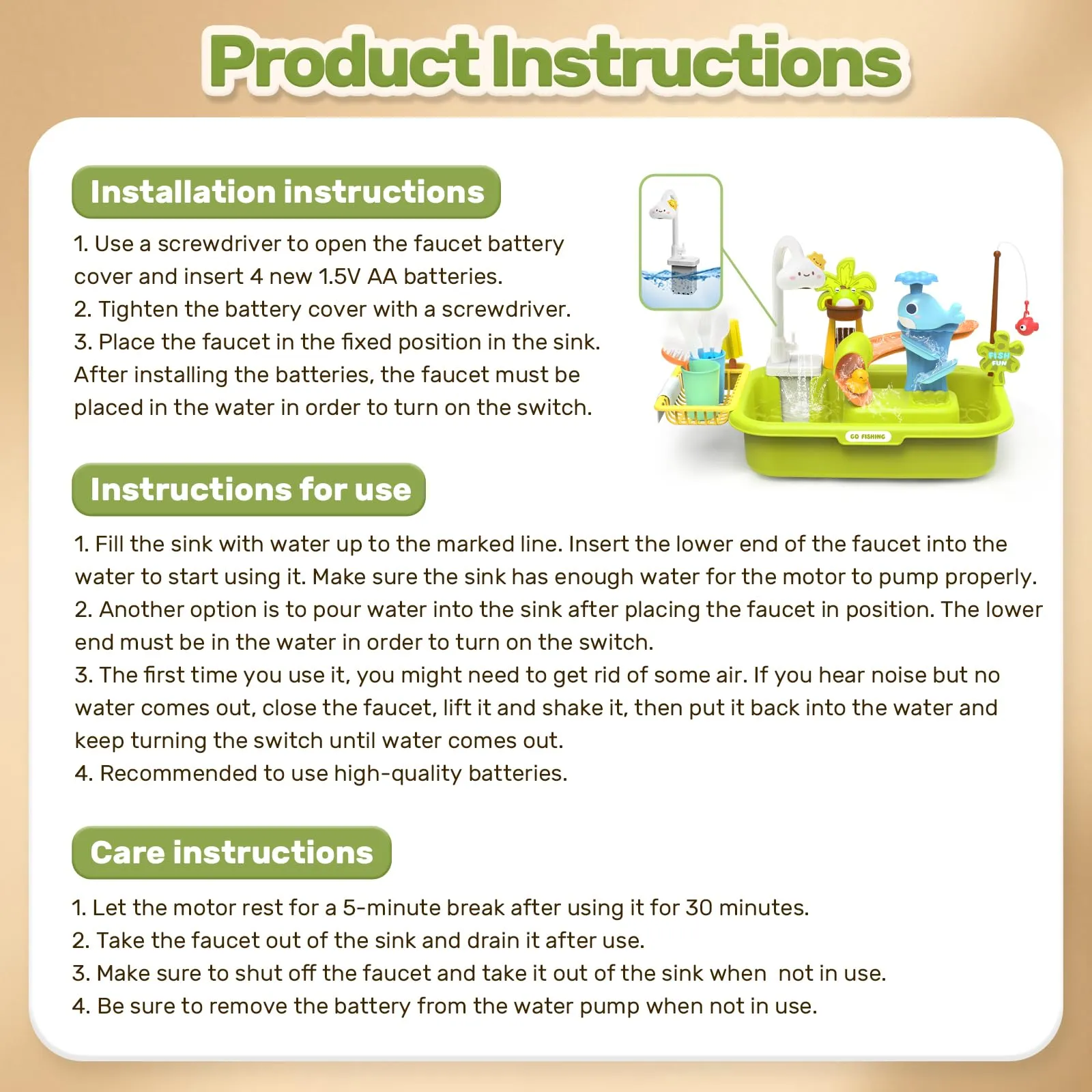 HOLYFUN Play Sink with Running Water, Kitchen Sink Toys with Upgraded Electric Faucet, Water Slide Track, Baby Dishwasher Toy, Kids Fishing Toys, Role Play Water Sink Toy for Toddler Boys and Girls