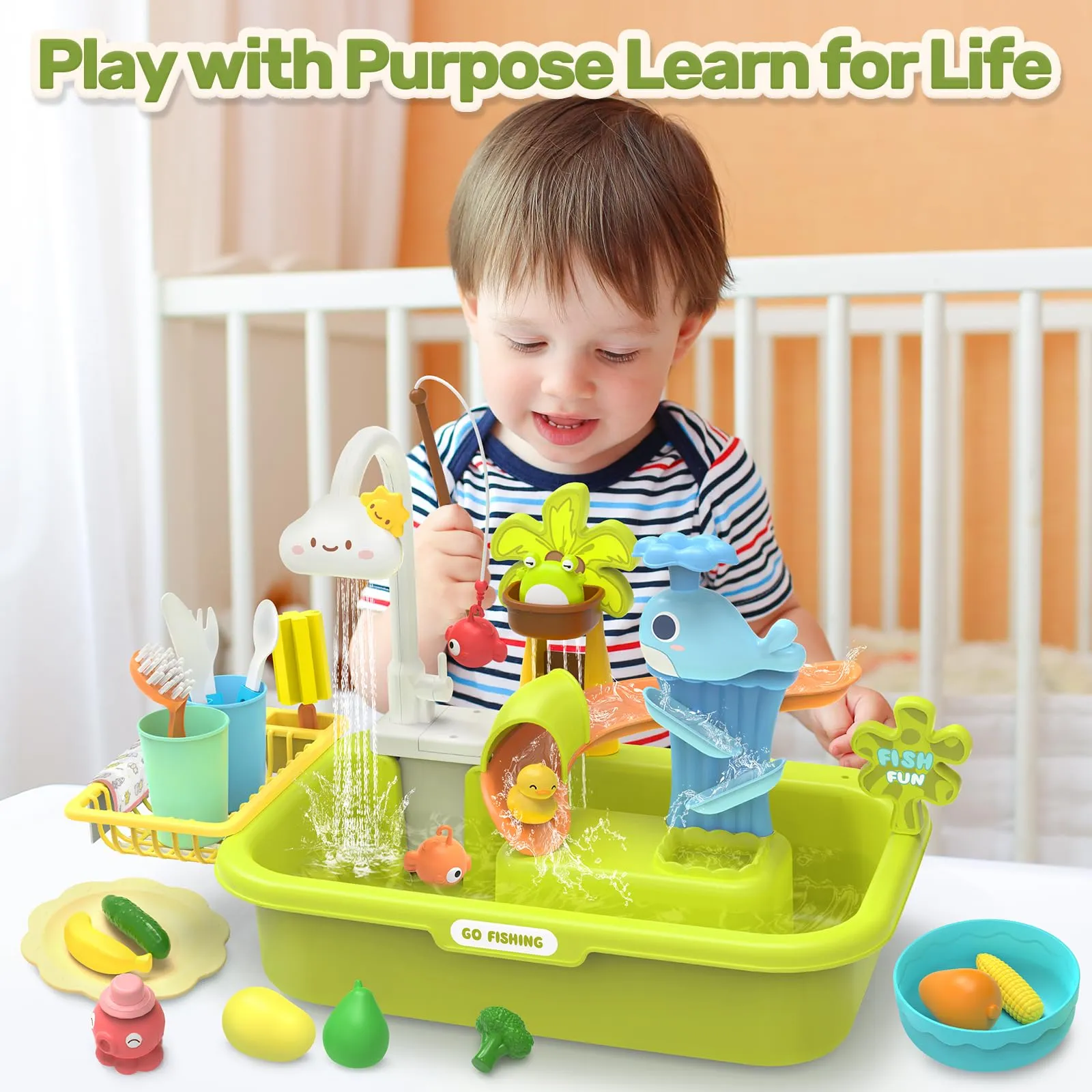 HOLYFUN Play Sink with Running Water, Kitchen Sink Toys with Upgraded Electric Faucet, Water Slide Track, Baby Dishwasher Toy, Kids Fishing Toys, Role Play Water Sink Toy for Toddler Boys and Girls