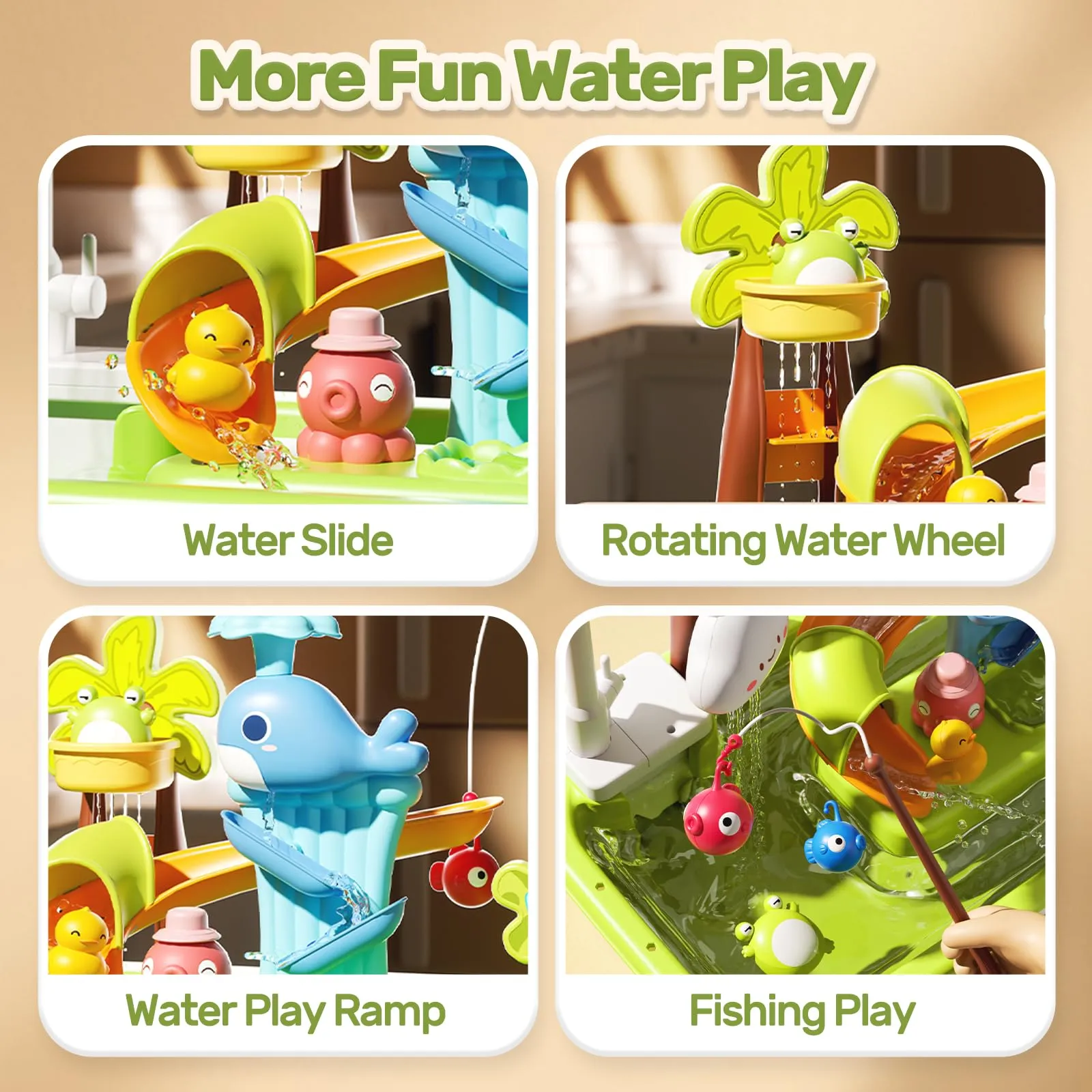 HOLYFUN Play Sink with Running Water, Kitchen Sink Toys with Upgraded Electric Faucet, Water Slide Track, Baby Dishwasher Toy, Kids Fishing Toys, Role Play Water Sink Toy for Toddler Boys and Girls