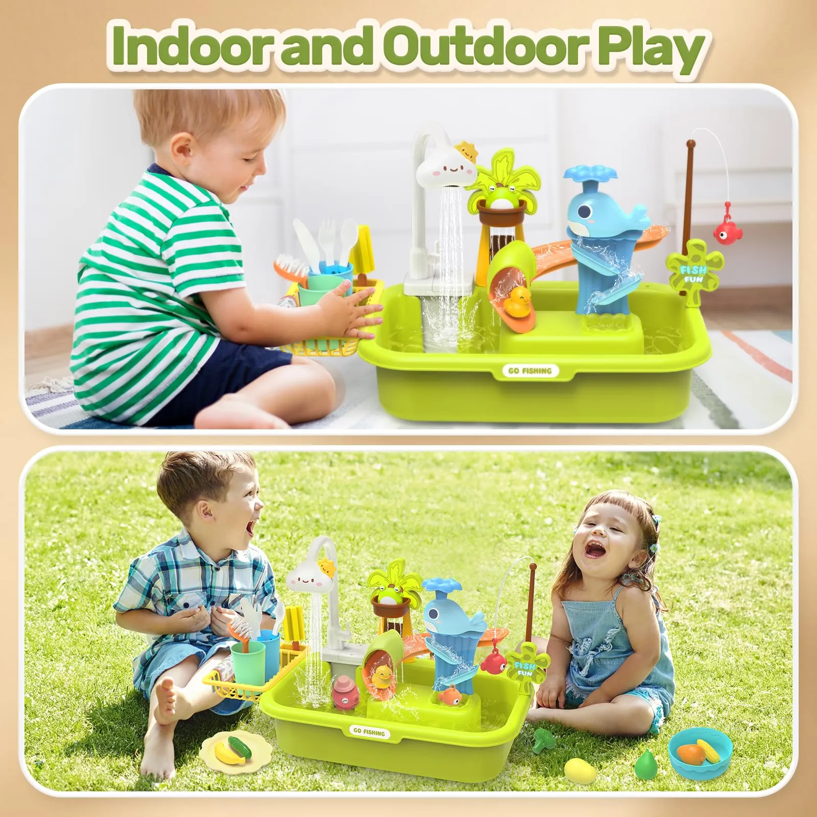 HOLYFUN Play Sink with Running Water, Kitchen Sink Toys with Upgraded Electric Faucet, Water Slide Track, Baby Dishwasher Toy, Kids Fishing Toys, Role Play Water Sink Toy for Toddler Boys and Girls