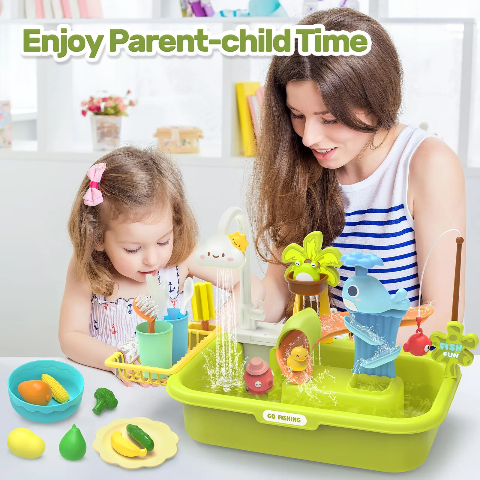HOLYFUN Play Sink with Running Water, Kitchen Sink Toys with Upgraded Electric Faucet, Water Slide Track, Baby Dishwasher Toy, Kids Fishing Toys, Role Play Water Sink Toy for Toddler Boys and Girls