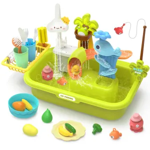 HOLYFUN Play Sink with Running Water, Kitchen Sink Toys with Upgraded Electric Faucet, Water Slide Track, Baby Dishwasher Toy, Kids Fishing Toys, Role Play Water Sink Toy for Toddler Boys and Girls