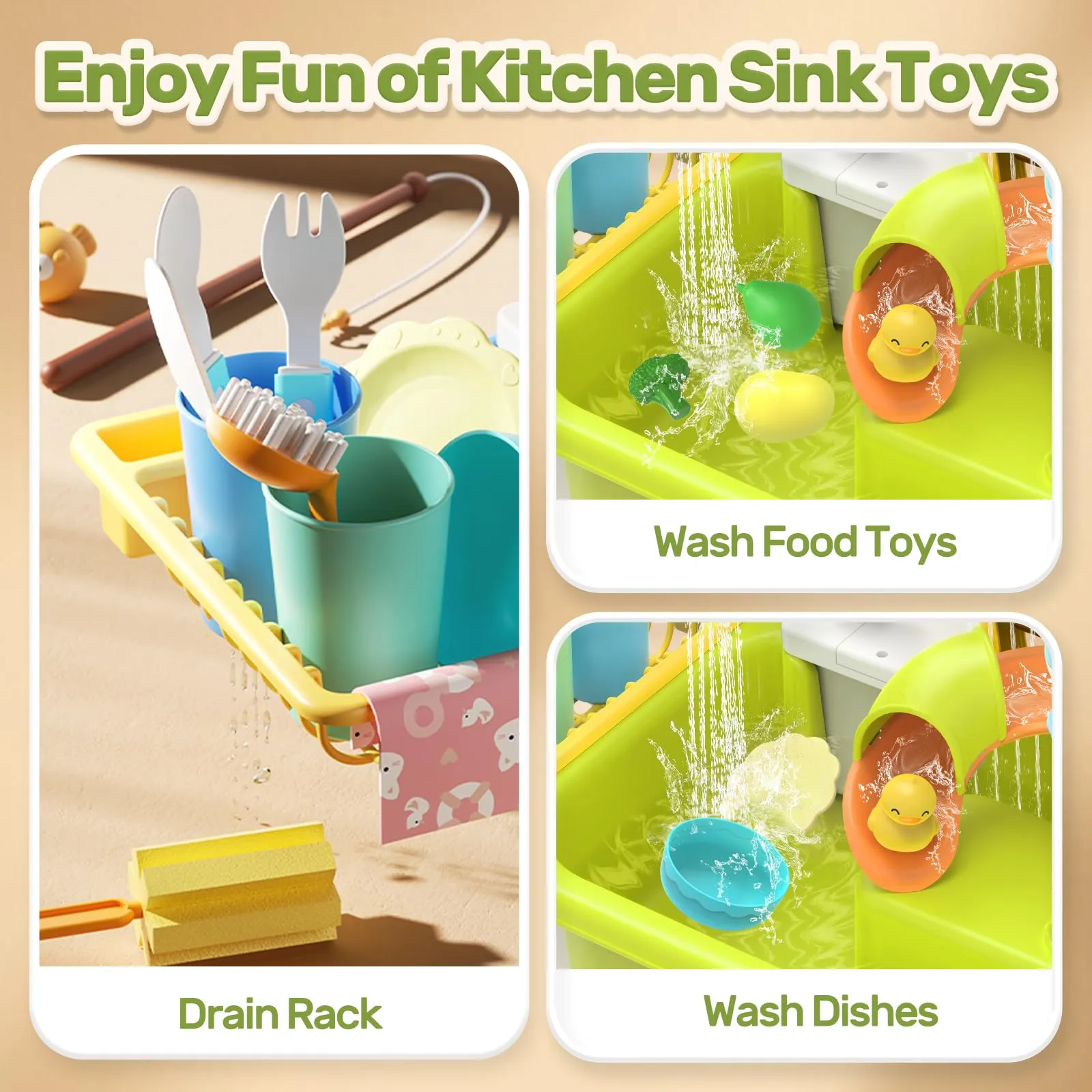 HOLYFUN Play Sink with Running Water, Kitchen Sink Toys with Upgraded Electric Faucet, Water Slide Track, Baby Dishwasher Toy, Kids Fishing Toys, Role Play Water Sink Toy for Toddler Boys and Girls