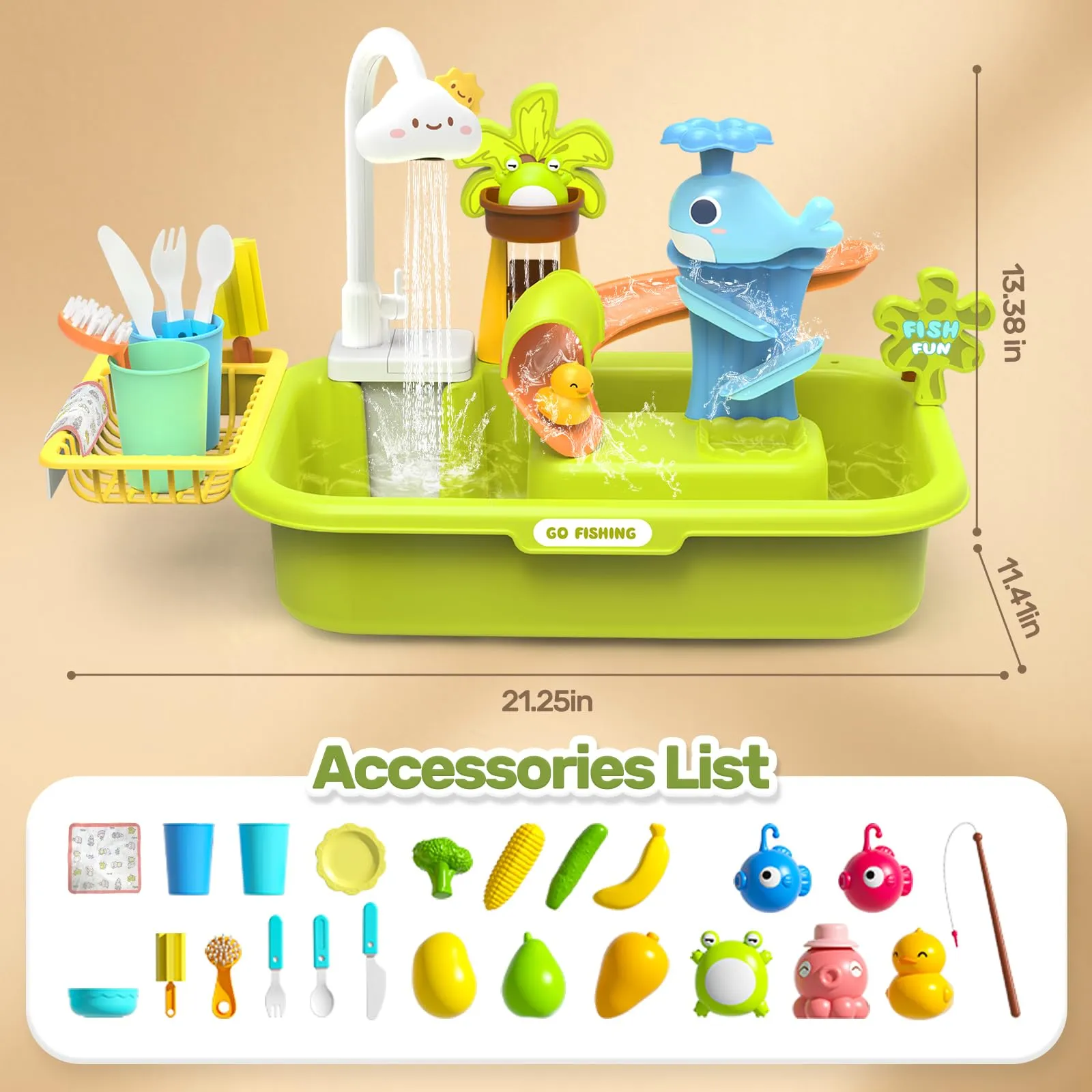 HOLYFUN Play Sink with Running Water, Kitchen Sink Toys with Upgraded Electric Faucet, Water Slide Track, Baby Dishwasher Toy, Kids Fishing Toys, Role Play Water Sink Toy for Toddler Boys and Girls