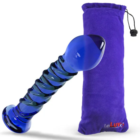 LeLuv Glass 6 Inch Blue Twisted Texture Pointed Head Curved Dildo