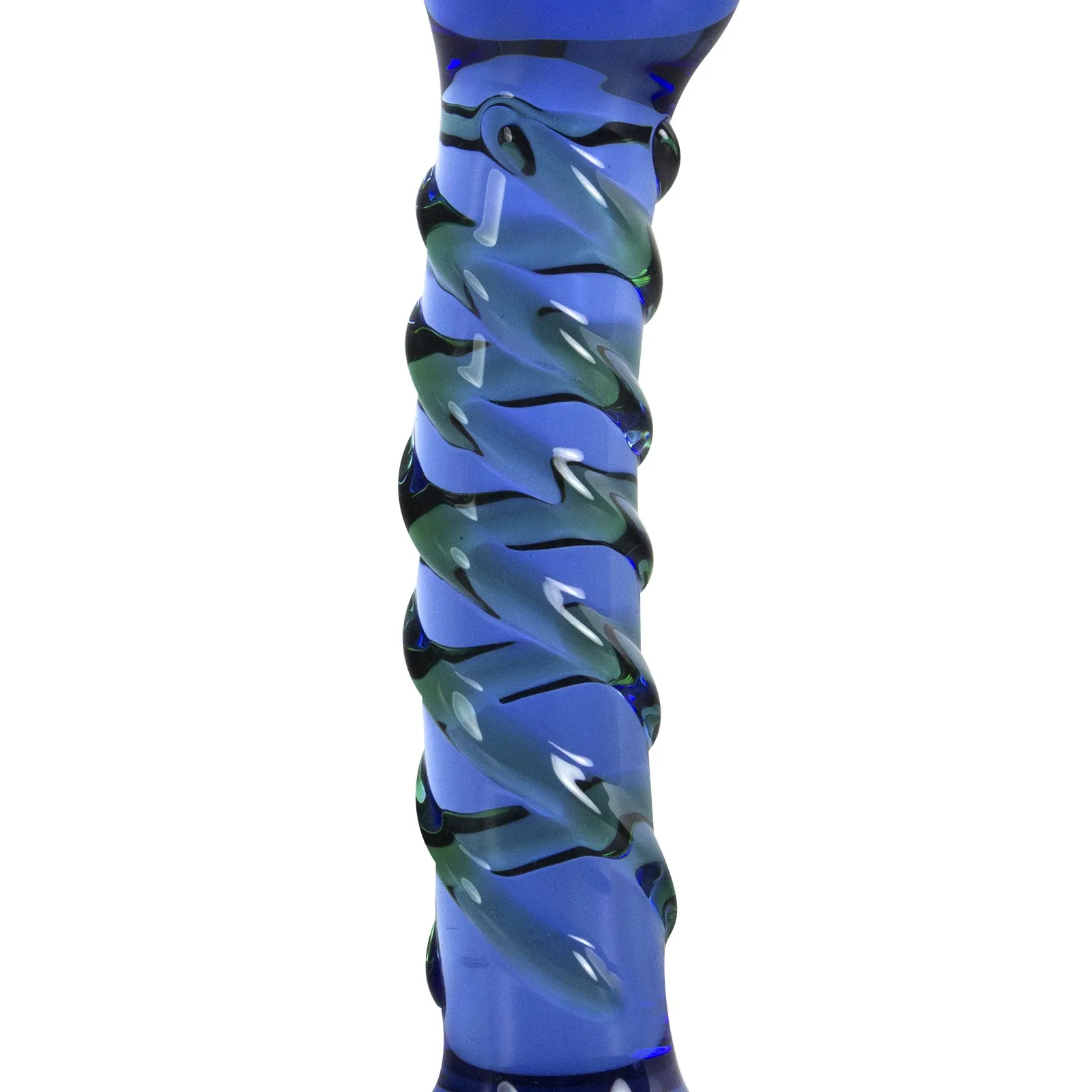LeLuv Glass 6 Inch Blue Twisted Texture Pointed Head Curved Dildo