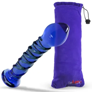 LeLuv Glass 6 Inch Blue Twisted Texture Pointed Head Curved Dildo