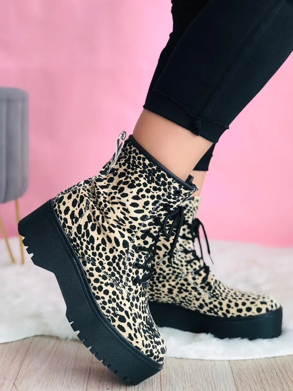 Leopard Print Platform Lace-Up Boots