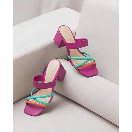 Multi Color Strappy Block Heel Sandals