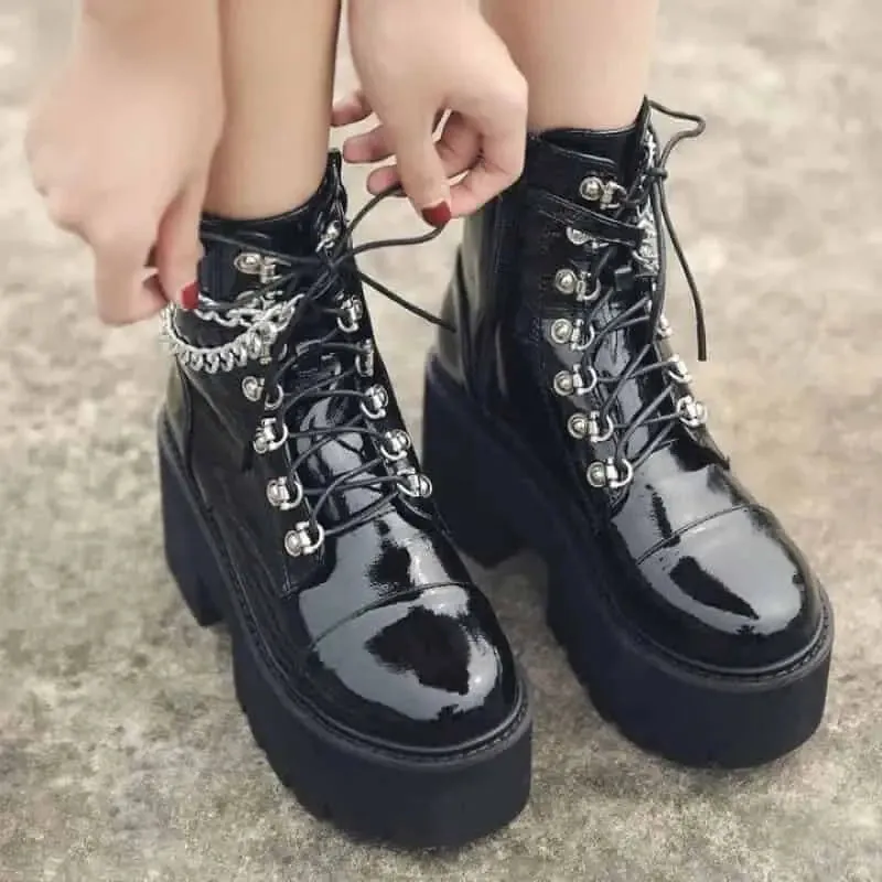 PU Platform Grunge Chunky Heel Ankle Boots