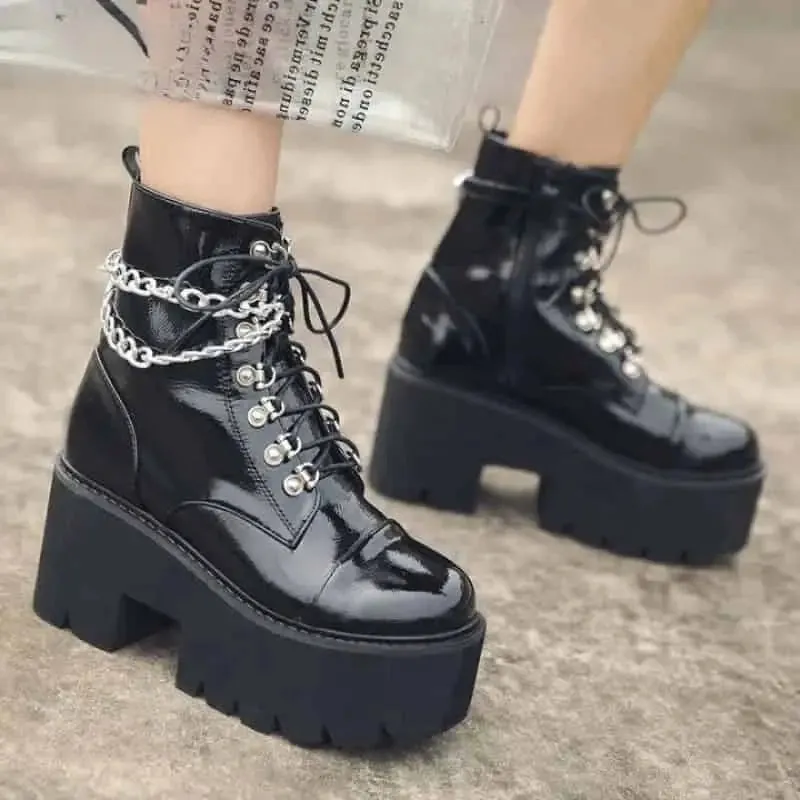 PU Platform Grunge Chunky Heel Ankle Boots