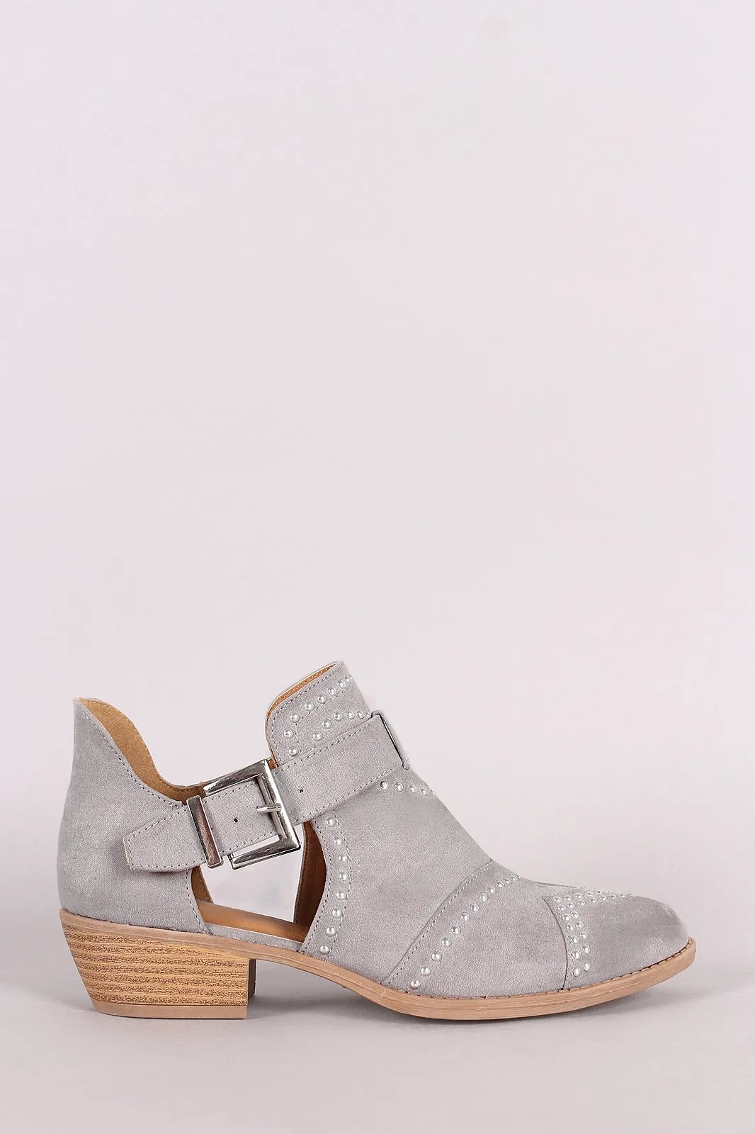 Qupid Studded Suede Buckled Cutout Ankle Boots
