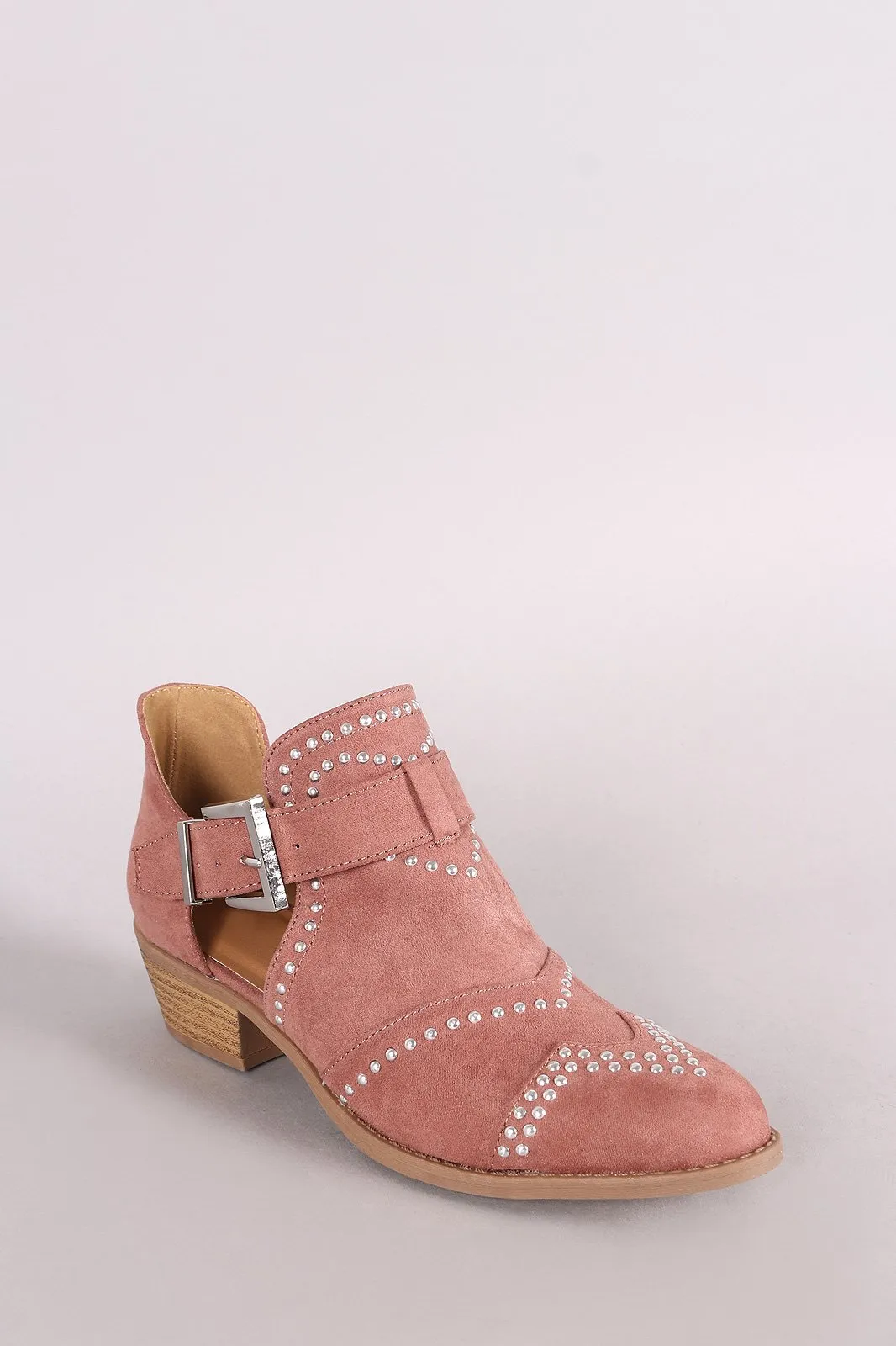 Qupid Studded Suede Buckled Cutout Ankle Boots