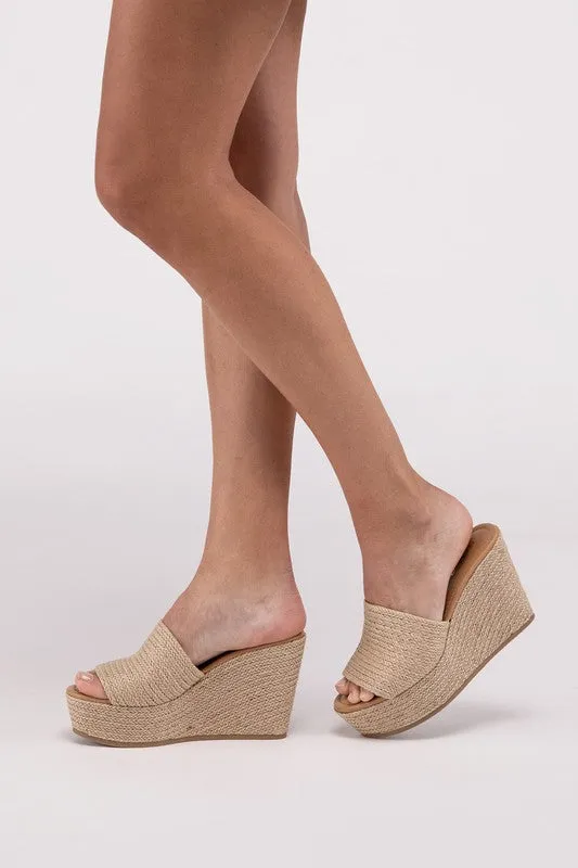 Raffia Khaki Beige Wedge Platform Heels