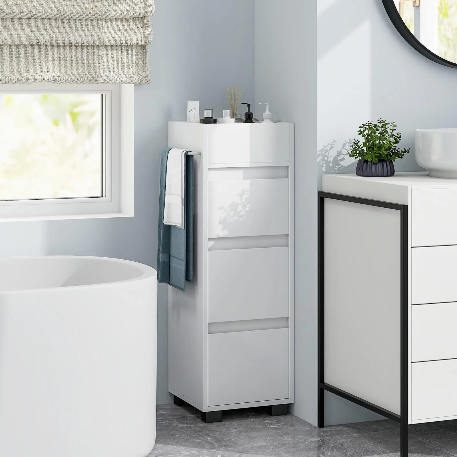 Tangkula Square Bathroom Floor Cabinet, Freestanding Storage Cabinet with 3 Drawerss, 12 x 12 x 35.5 Inch (White, 35.5" H)